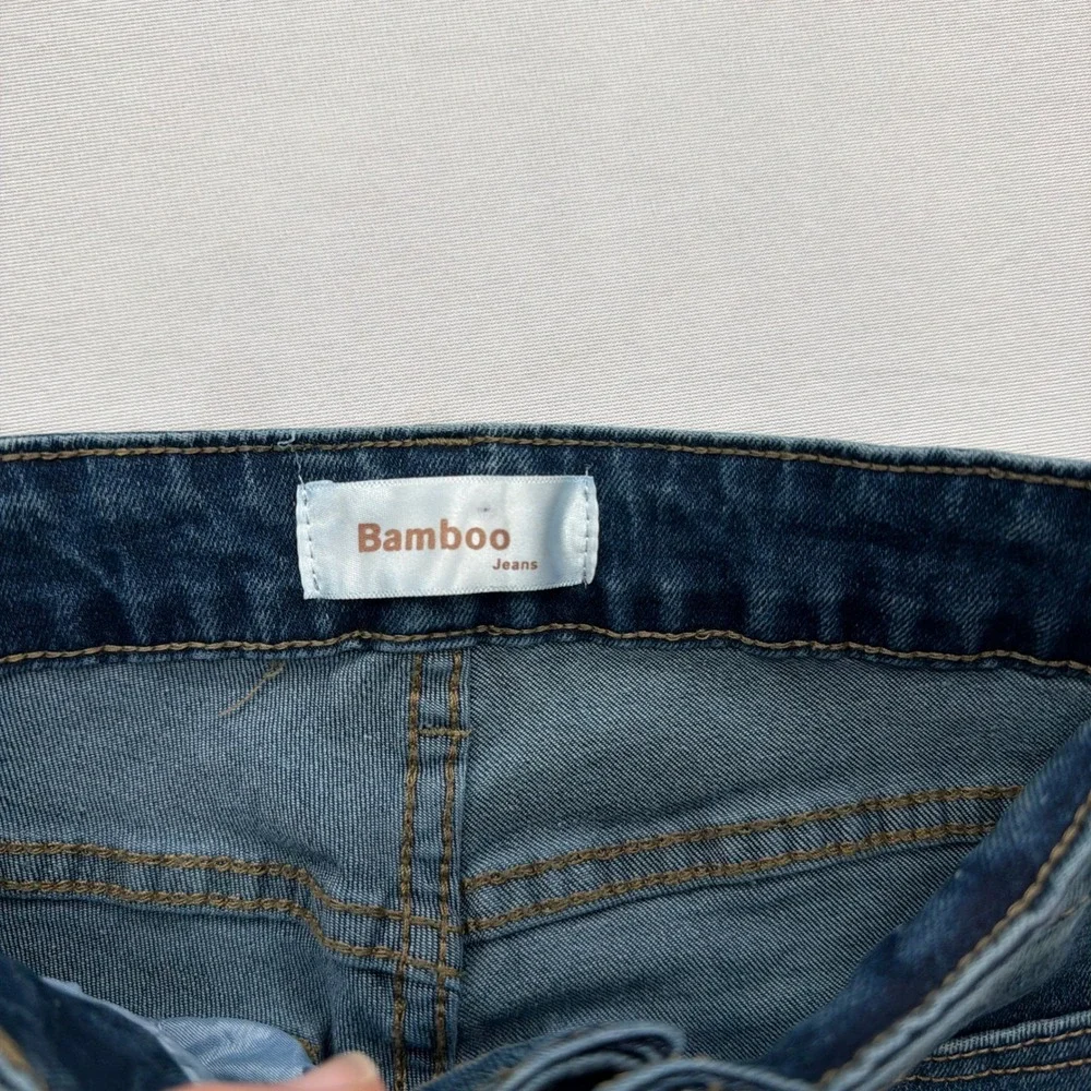Bamboo Jeans Flare Pants Gothic Cross Appliqué Blue Denim Womens Size 00